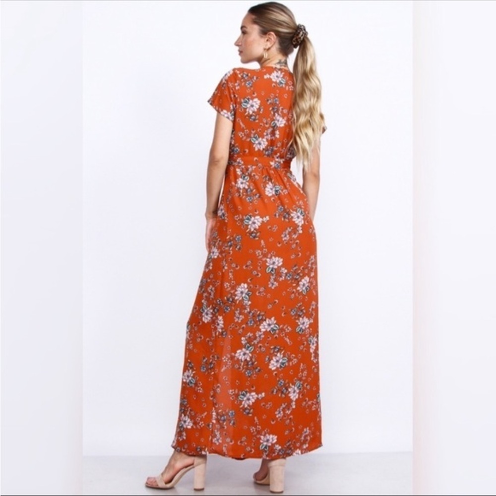 BNWT OLIVACEOUS Floral Maxi Wrap Dress, Burnt Orange Floral Print - Picture 4 of 5